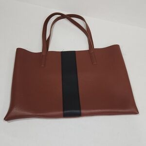Vince Camuto Luck Brown/Black Stripe Pebbled Lthr 2 Handles Open Tote Laptop Bag